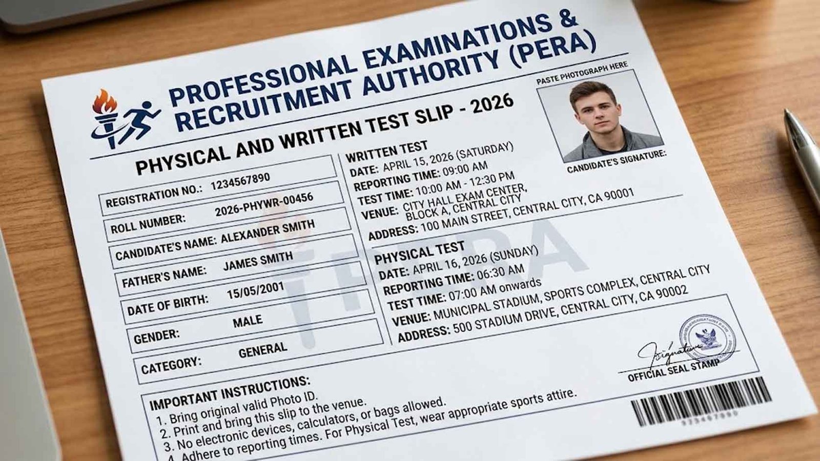 PERA Physical And Written Test Slip 2026